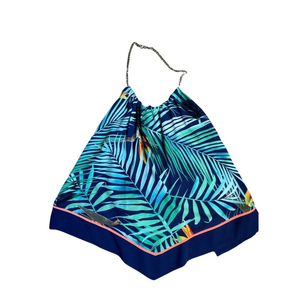 Express NWT Tropical Palm Print Handkerchief Top M Bird of Paradise Chain Halter